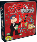 Ca$h 'n Guns Second Edition board game box featuring cartoon-style characters involved in a heist with money bills, guns, and a red background. The game supports 4-8 players aged 10 and up, and has a playtime of approximately 30 minutes. It's designed for fun and strategic bluffing.
