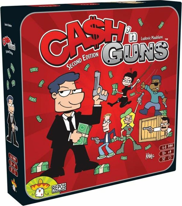 Ca$h 'n Guns Second Edition board game box featuring cartoon-style characters involved in a heist with money bills, guns, and a red background. The game supports 4-8 players aged 10 and up, and has a playtime of approximately 30 minutes. It's designed for fun and strategic bluffing.