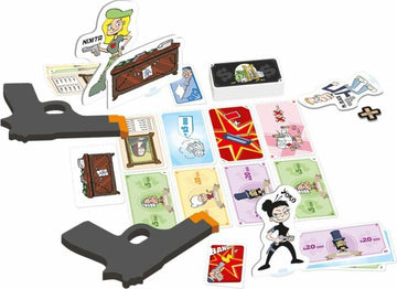 Ca$h 'n Guns (Second Edition) game components laid out on a table, featuring cartoon character cutouts, money cards in various denominations, and plastic toy guns. The game encourages bluffing and strategy among players as they point toy guns at each other in a humorous approach to robbery.