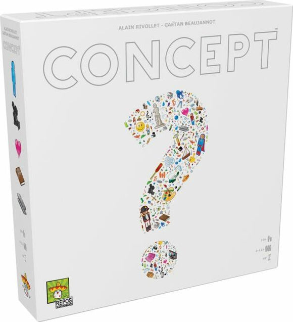 Concept game by Repos displayed with a colorful question mark made up of various game elements like icons and symbols. The box showcases the playful and creative nature of the game, encouraging players to use abstract thinking and teamwork.