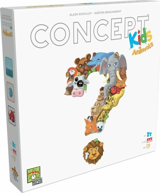 Concept Kids: Animals game box featuring a variety of colorful cartoon animals such as an elephant, lion, and giraffe arranged in a question mark shape. The title 'Concept Kids: Animals' is displayed prominently at the top, along with illustrations representing different animals that appeal to children.
