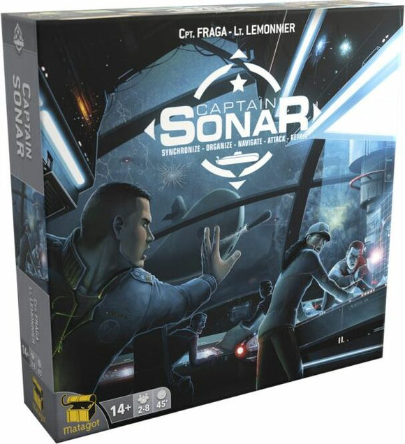 Captain Sonar game box by Matagot featuring intense artwork of a submarine crew in action. The game is designed for 2-8 players, ages 14 and up, with a playtime of approximately 45 minutes. The design includes elements of strategy, teamwork, and real-time gameplay.