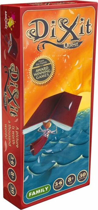 Dixit: Quest game box featuring colorful artwork of a person sailing with a large book over blue waves. The box indicates it's suitable for family play, ages 8 and up, and takes about 30 minutes to play.
