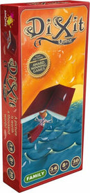 Dixit: Quest game box featuring colorful artwork of a person sailing with a large book over blue waves. The box indicates it's suitable for family play, ages 8 and up, and takes about 30 minutes to play.