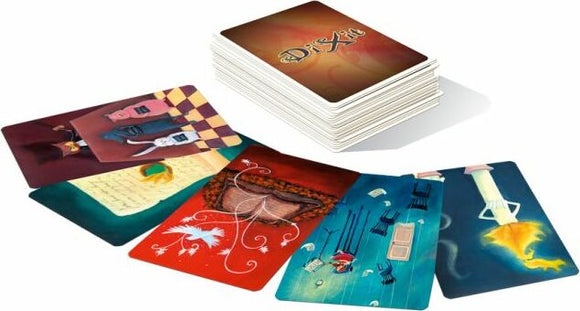 Dixit: Quest game by Asmodee featuring a stack of beautifully illustrated cards and several laid-out cards displaying imaginative artwork, emphasizing creativity and storytelling.