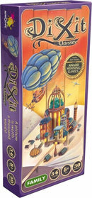 The Dixit: Odyssey board game by Asmodee features a colorful box decorated with whimsical illustrations of a hot air balloon and fantastical cityscape. The design highlights the theme 'A picture is worth a thousand words', appealing to family-friendly gameplay for 3-6 players aged 8 and up, with a playtime of approximately 30 minutes.