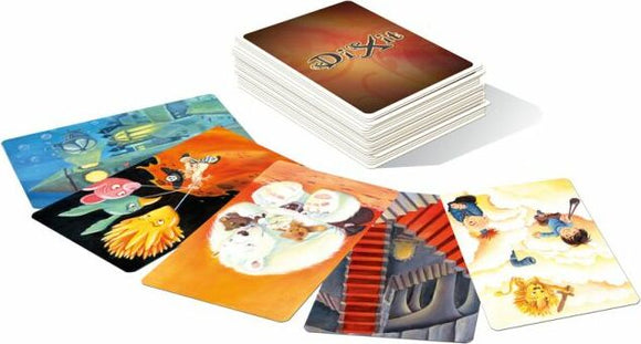 Dixit: Odyssey card game by Asmodee featuring a stack of beautifully illustrated cards. The visible cards display whimsical and imaginative artwork, showcasing vibrant colors and intricate designs that stimulate creativity and storytelling. The game encourages players to interpret images and use their imagination, making it an engaging experience for families and friends.