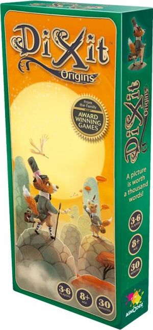 Dixit: Origins game box featuring whimsical illustrations of fox characters exploring a fantastical landscape. The box displays the game's title and indicates it is suitable for 3-6 players aged 8 and older, with a playtime of approximately 30 minutes. The design highlights the imaginative storytelling aspect of the game.