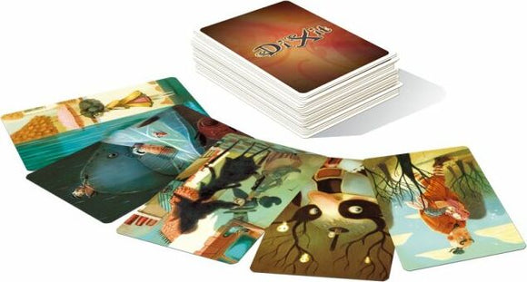 Dixit: Origins card game by Asmodee, featuring a stack of beautifully illustrated cards and several displayed cards showing whimsical and imaginative artwork. The cards depict various enchanting scenes, inviting players to explore their creativity and storytelling abilities.