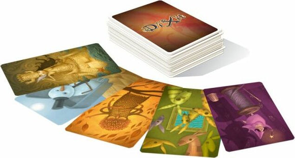 The Dixit: Daydreams card game by Asmodee features a colorful array of imaginative cards laid out around a deck. Cards display vibrant, whimsical illustrations, encouraging creativity and storytelling in gameplay.
