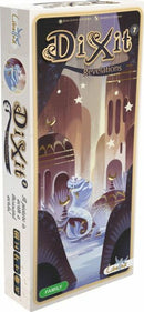Box of the game 'Dixit: Revelations' by Asmodee. The cover features a whimsical art style with a serene landscape, showcasing imaginative imagery that invites players into a storytelling adventure. The box is designed for family play, intended for 3 to 6 players aged 8 and up, with enchanting illustrations that enhance creativity and interaction.
