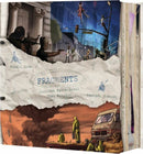 The game 'Fragments' by Blackrock Games showcases a dynamic cover featuring various characters in a futuristic setting, some in action poses, while others depict distant scenes filled with intrigue. The title is prominently displayed in a torn paper style, alongside the names of the creators.