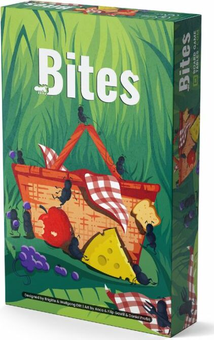 The game 'Bites' by Allplay features a colorful box design depicting a picnic basket surrounded by ants and various foods, including cheese, fruit, and a checkered cloth, set against a lush green background. The title is prominently displayed in bold white letters on the front of the box.