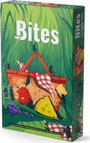 The game 'Bites' by Allplay features a colorful box design depicting a picnic basket surrounded by ants and various foods, including cheese, fruit, and a checkered cloth, set against a lush green background. The title is prominently displayed in bold white letters on the front of the box.