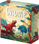 The Chomp game box by Allplay features vibrant illustrations of dinosaurs in a lush, green environment. A red T-Rex prominently stands in the foreground, while a gentle dinosaur is nearby, creating an adventurous atmosphere. The game's title 'Chomp' is boldly displayed in white, curving across the bright backdrop.
