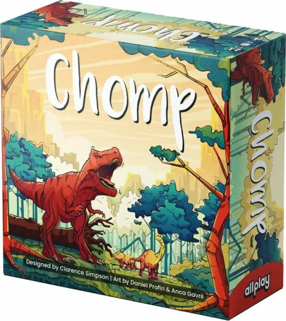 The Chomp game box by Allplay features vibrant illustrations of dinosaurs in a lush, green environment. A red T-Rex prominently stands in the foreground, while a gentle dinosaur is nearby, creating an adventurous atmosphere. The game's title 'Chomp' is boldly displayed in white, curving across the bright backdrop.