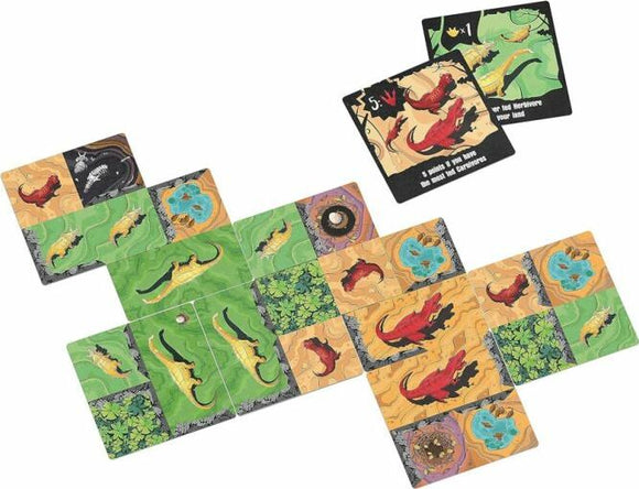 Chomp game by Allplay featuring colorful jigsaw pieces interconnecting in various patterns. Includes game cards depicting unique game mechanics. Ideal for family fun and strategic gameplay.
