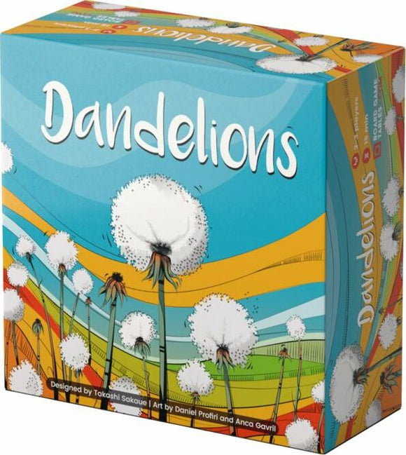 Dandelions board game box by Allplay, featuring vibrant artwork of dandelions on a colorful background. The design includes whimsical illustrations that capture the essence of the game.