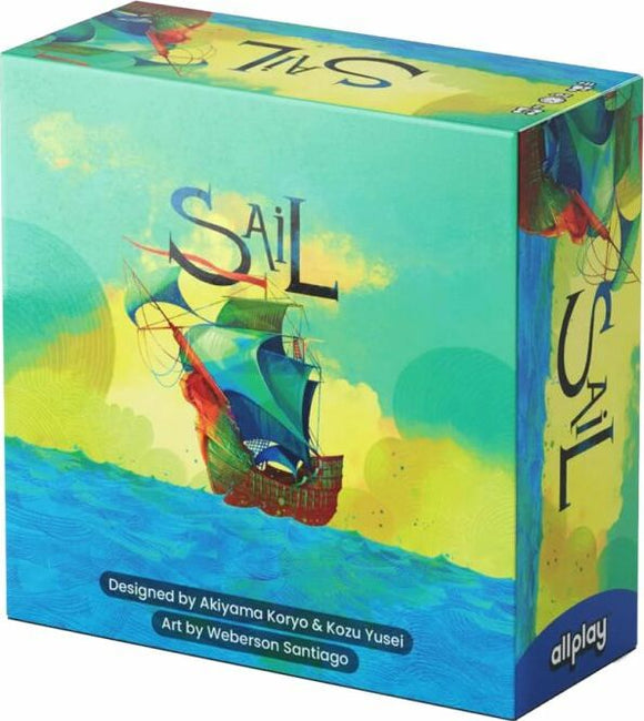 Sail game box by Allplay featuring a colorful design of a ship with sails in vibrant greens and blues. The box shows the title 'Sail' prominently and lists the designers and artist.