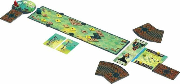 A vibrant board game titled 'Sail' by Allplay, featuring a colorful game board with various pathways and icons. The setup includes cards, player pieces, and tokens arranged strategically around the board, indicating a fun, interactive gameplay experience.