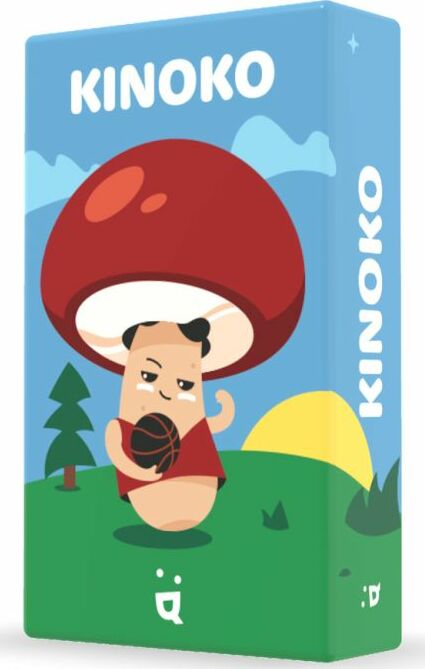 Kinoko game by Helvetiq featuring a playful mushroom character holding a basketball, set in a colorful outdoor landscape with trees and a bright sun.