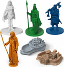 A colorful game set featuring six miniature figures: a white female warrior, a green king with a spear and shield, a blue armed warrior, an orange wizard holding a staff, and two detailed base structures representing a town and a castle. Each figure is designed with intricate details suitable for tabletop games.