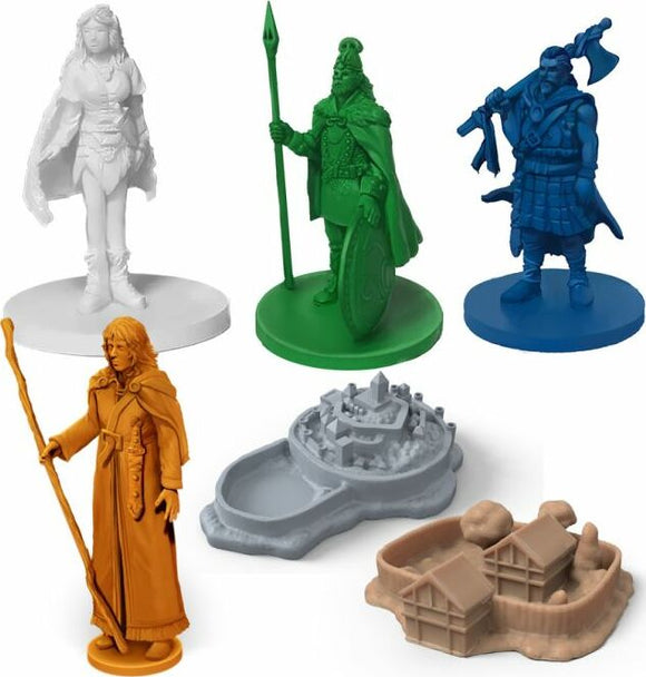 A colorful game set featuring six miniature figures: a white female warrior, a green king with a spear and shield, a blue armed warrior, an orange wizard holding a staff, and two detailed base structures representing a town and a castle. Each figure is designed with intricate details suitable for tabletop games.