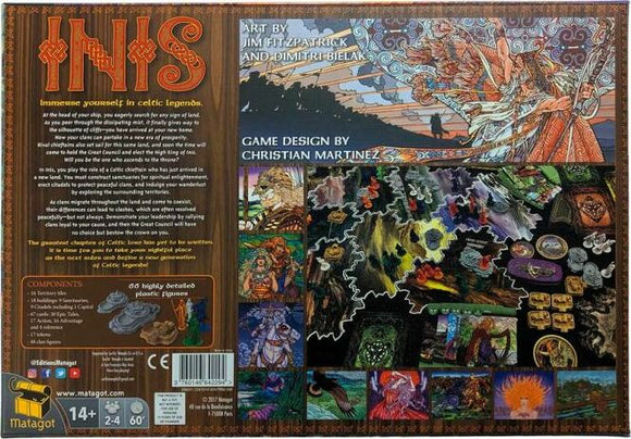The back cover of the INIS board game by Matagot, featuring intricate Celtic artwork and gameplay components. The design showcases beautifully detailed game pieces, including various character and location illustrations, along with a description of the game's immersive theme. The vibrant colors and artistic details highlight the game's rich storytelling potential.