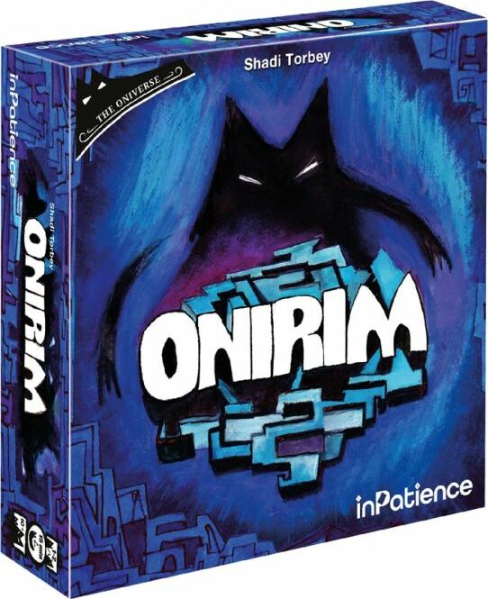Onirim (Second Edition) board game by InPatience featuring a colorful, abstract design with the title 'ONIRIM' prominently displayed. The box has a deep blue background with a shadowy figure and intricate patterns, appealing to fans of immersive and thematic games.