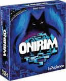 Onirim (Second Edition) board game by InPatience featuring a colorful, abstract design with the title 'ONIRIM' prominently displayed. The box has a deep blue background with a shadowy figure and intricate patterns, appealing to fans of immersive and thematic games.
