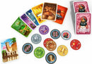 The Jaipur (New Edition) game by Space Cowboys features colorful cards depicting various commodities and animals, alongside unique trading tokens. The game includes vibrant illustrations that capture the essence of a vibrant marketplace, allowing players to strategize their trades and compete to become the Maharaja's merchant.