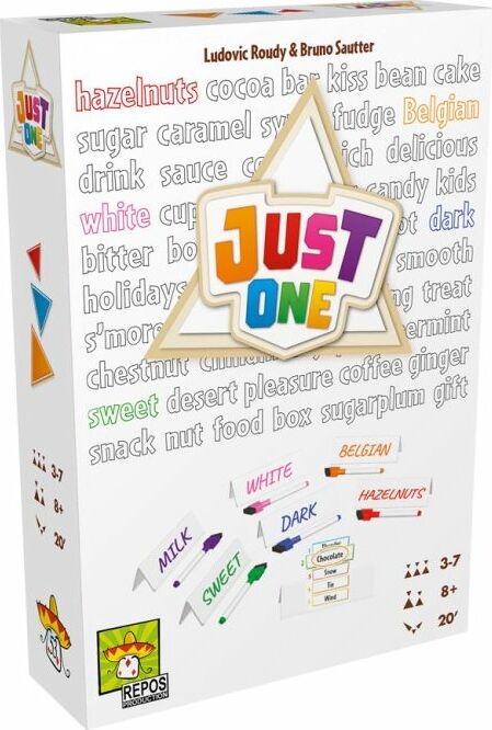 The game 'Just One' by Repos features a colorful box displaying the game title prominently in multicolored letters. The design includes various related words like 'hazelnuts', 'Belgian', 'milk', and 'sweet', highlighting the theme of the game. It indicates that the game is suitable for 3 to 7 players and has a playing time of 20 minutes.