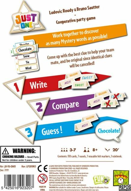 Just One is a cooperative party game designed by Ludovic Roudy and Bruno Sautter. The game encourages players to write, compare, and guess mystery words together. It includes 110 cards, 7 easels, 2 felt markers, and 1 rulebook. Features a colorful back cover layout with icons illustrating the gameplay process. Recommended for 3-7 players aged 8 and up, and the average gameplay lasts around 20 minutes.