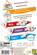 Just One is a cooperative party game designed by Ludovic Roudy and Bruno Sautter. The game encourages players to write, compare, and guess mystery words together. It includes 110 cards, 7 easels, 2 felt markers, and 1 rulebook. Features a colorful back cover layout with icons illustrating the gameplay process. Recommended for 3-7 players aged 8 and up, and the average gameplay lasts around 20 minutes.