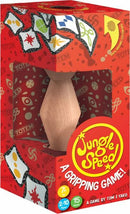 Jungle Speed (Eco Pack) game by Zygomatic featuring a unique wooden totem inside a colorful red box adorned with various game symbols. Designed for 2-10 players, this fast-paced game challenges players to react quickly and grab the totem when matching symbols appear. Ideal for family and friends, it provides engaging fun for ages 7 and up, with an average playtime of 15 minutes.