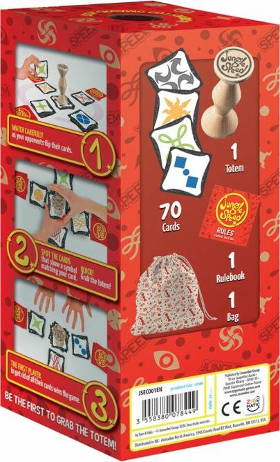 Jungle Speed Eco Pack game by Zygomatic features a vibrant box design. The back displays instructions for playing, including 70 colorful cards, a wooden totem, a rulebook, and a drawstring bag. Ideal for engaging multiplayer fun, this eco-friendly edition promises fast-paced excitement and strategic gameplay.