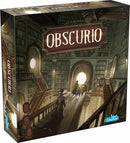 The box of the game 'Obscurio' by Libellud, featuring a captivating illustration of a mysterious library with towering bookshelves and ominous lighting. Three shadowy figures are seen walking towards a bright doorway, inviting curiosity and adventure. The branding of Libellud is visible on the bottom right corner.