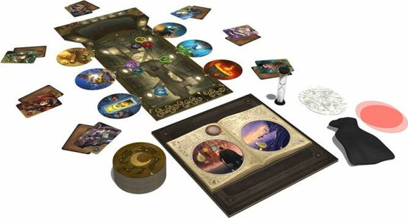 Obscurio game by Libellud, featuring a richly illustrated board, various colorful cards, tokens, an hourglass timer, and a mystery book with images, designed for immersive gameplay.