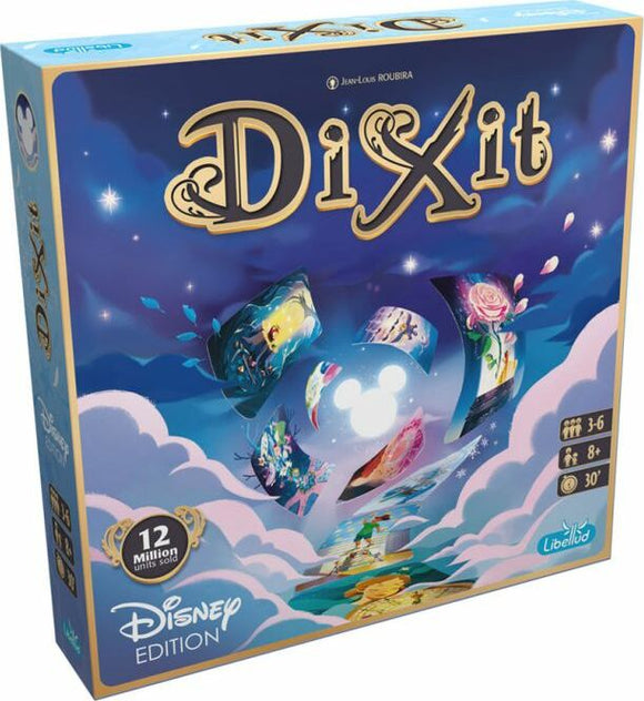Box of the Dixit Disney Edition game by Libellud featuring colorful illustrations and whimsical designs inspired by classic Disney characters. The box displays vibrant artwork and includes icons for players, age rating, and game duration.