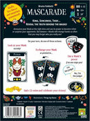 Back cover of Mascarade 2nd Edition board game by Repos Production. Features colorful illustrations and instructions. Game involves bluffing and strategizing with players taking on different roles to gain coins and win while keeping their true identity hidden.