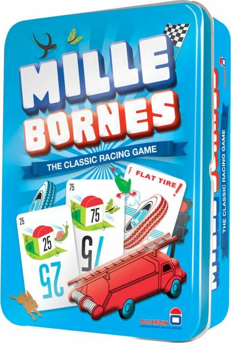 Mille Bornes, a classic racing card game by Asmodee, presented in a vibrant blue tin. The game includes colorful cards showing racing numbers and obstacles, such as a flat tire. The playful design features racing graphics and a checkered flag.