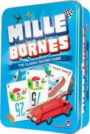 Mille Bornes, a classic racing card game by Asmodee, presented in a vibrant blue tin. The game includes colorful cards showing racing numbers and obstacles, such as a flat tire. The playful design features racing graphics and a checkered flag.