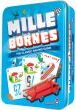 Mille Bornes game by Asmodee, featuring a vibrant blue tin packaging. The tin showcases colorful illustrations of cards and a red car, designed for family-friendly fun and adventure.