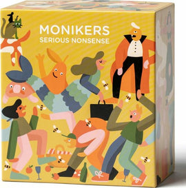Monikers: Serious Nonsense game box featuring vibrant illustrations of playful characters engaging in whimsical activities. Bright colors and dynamic designs highlight the fun and engaging nature of the game.