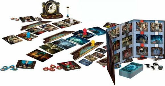 Mysterium board game by Libellud featuring an intricate setup with beautifully illustrated cards, player tokens in red and yellow, a vintage clock, and a mystical board layout. The game is designed for cooperation and deduction, inviting players to communicate through visual clues to solve a murder mystery.