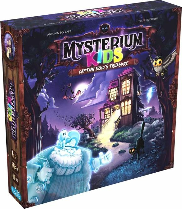 The boxed game 'Mysterium Kids: Captain Echo's Treasure' by Libellud features colorful illustrations, showcasing a ghostly captain, an eerie house, and surrounding animals like owls and a cat, set against a mystical night sky.