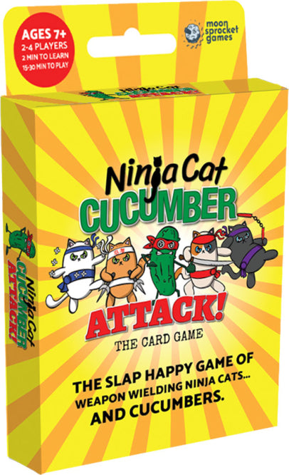Ninja Cat Cucumber Attack card game box featuring colorful illustrations of weapon-wielding ninja cats and a cucumber. The packaging displays bright yellow rays and playful text emphasizing it's a slap happy game for ages 7 and up, accommodating 2 to 4 players, with a quick learning curve and a short playtime.