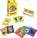Ninja Cat Cucumber Attack game box and cards displayed on a flat surface. The colorful box features playful graphics of ninja cats and cucumbers. Various game cards, including instructions, action cards like 'Swap!' and 'Shuffle!', and character cards, are visible, showcasing vibrant illustrations of cats wielding different weapons. Ideal for family fun and quick gameplay.