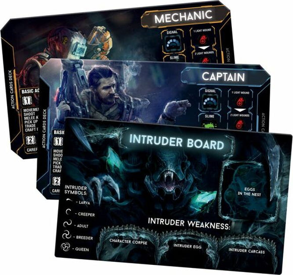 Nemesis game by Rebel featuring character action cards and an intruder board. The game includes mechanics for signal detection, challenges against alien intruders, and character roles such as Mechanic and Captain. The design is dark and atmospheric, depicting a sci-fi horror theme with detailed illustrations.