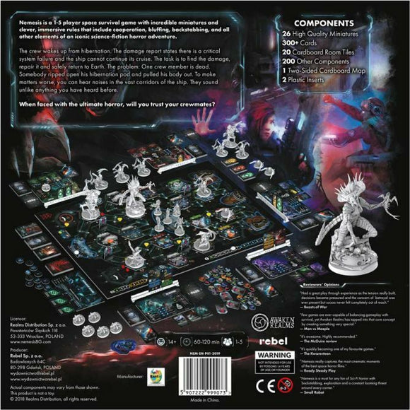 The Nemesis board game by Rebel is displayed, featuring a richly detailed game board filled with vibrant illustrations, various game components including high-quality miniatures, cards, and tiles. The setup highlights a science-fiction horror theme, showcasing intricate game pieces and overall gameplay layout oriented for strategic collaboration and betrayal among players. It is designed for 1-5 players and promises a thrilling survival experience.